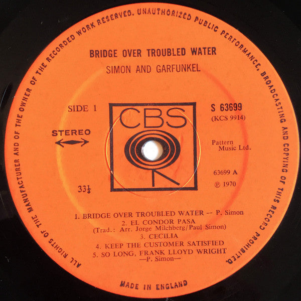 Image of Label Cover of LP - VG+/VG - SIMON AND GARFUNKEL, Bridge Over Troubled Water (CBS Orange (33 1/3 On Label); 63699, UK 1970, Matte Sleeve), ,  - 1526148E