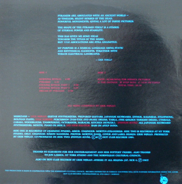 Image of Back Cover of 2944163S: LP - ERIK W LLO, Dreams Of Pyramids (Hot Club Records; HCR 15, Norway 1984)   VG/VG+