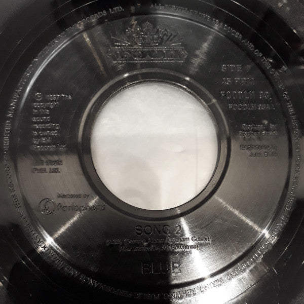Image of Front Cover of 4715385C: 7" - BLUR, Song 2 / Get Out Of Cities (Food Large Centre; FOODLH 93, UK 1997, Jukebox Title Strips, Jukebox) Light marks and hairlines only, Plays fine, 2 Nice perforated title strips  /G+