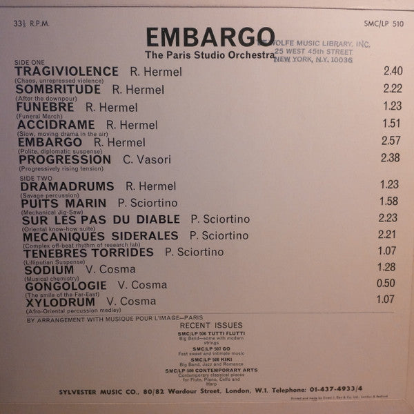 Image of Back Cover of 2944211S: 10" - THE PARIS STUDIO ORCHESTRA, Embargo (Sylvester Music Company; SMC/LP 510, UK 1968) Strong VG  VG/VG+