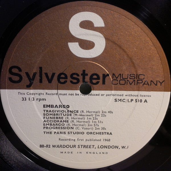 Image of Label Cover of 2944211S: 10" - THE PARIS STUDIO ORCHESTRA, Embargo (Sylvester Music Company; SMC/LP 510, UK 1968) Strong VG  VG/VG+