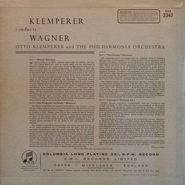 Image of Back Cover of 2924158E: LP - OTTO KLEMPERER, THE PHILHARMONIA ORCHESTRA, Klemperer Conducts Wagner - Rienzi, Flying Dutchman, Tannhauser, Lohengrin (Columbia Light Blue and Silver Inteference Pattern Label; SAX 2347, UK 1960, Laminated Flipback Sleeve, Stereo)   VG/VG