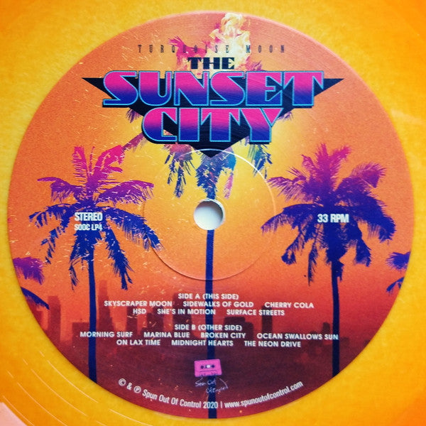 Image of Label Cover of 2924216E: LP - TURQUOISE MOON, The Sunset City (Spun Out Of Control ; SOOC LP4, UK 2020, Orange & Yellow Swirl Vinyl, With Obi, Numbered Limited Edition) Limited Edition No 215/300, Corner Creased  VG/EX