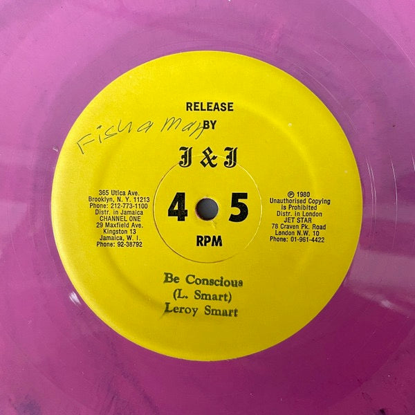 Image of Back Cover of 12" - /G+ - LEROY SMART, Jah Light / Be Conscious (J&J; JJ-018, Jamaica 1980, Pink Marbled), Lots of light marks, plays solid VG or better. WOL on side B.,  - 2416444C