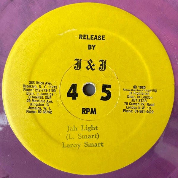 Image of Front Cover of 12" - /G+ - LEROY SMART, Jah Light / Be Conscious (J&J; JJ-018, Jamaica 1980, Pink Marbled), Lots of light marks, plays solid VG or better. WOL on side B.,  - 2416444C