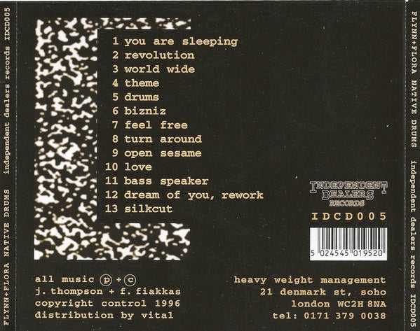 Image of Back Cover of CD - EX/EX - FLYNN+FLORA, Native Drums (Independent Dealers; IDCD005, UK 1996), ,  - 2256187S