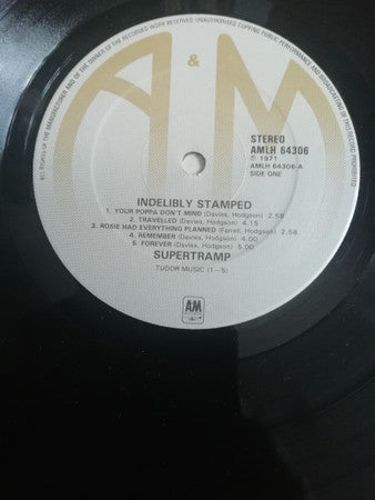 Image of Label Cover of 5045121S: LP - SUPERTRAMP, Indelibly Stamped (A&M Tan and Silver; AMLH64306, UK 1977 Reissue, Promo Stamped, Gatefold, Tudor Music 1-5 at Bottom of Labels) Edge Wear  VG/VG+