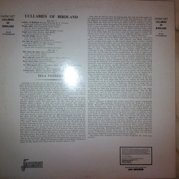 Image of Back Cover of LP - VG/VG+ - ELLA FITZGERALD, Lullabies Of Birdland (Jasmine Records; JASM 1027, UK Reissue), ,  - 4126333E