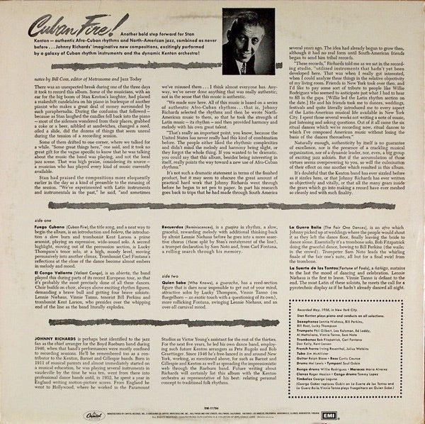 Image of Back Cover of 2914318C: LP - STAN KENTON, Cuban Fire! (Capitol Records; SM-11794, US Reissue, Mono) Sleeve has bumped corners. Light staining and scuffs  VG/VG+