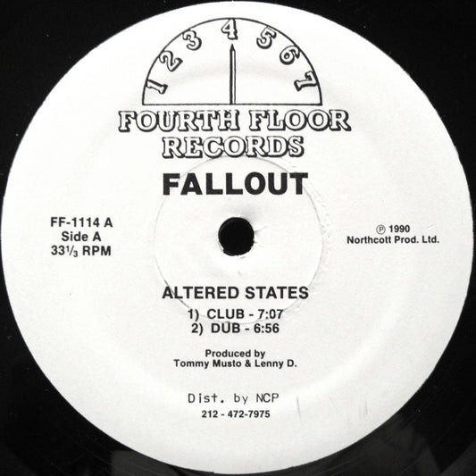 Image of Front Cover of 12" - /VG - FALLOUT, Altered States / The Morning After (1990 Remix) (Fourth Floor Records ; FF-1114, US 1990, Plain Sleeve), light scuffs only. pen on label - v. minor,  - 3146153S
