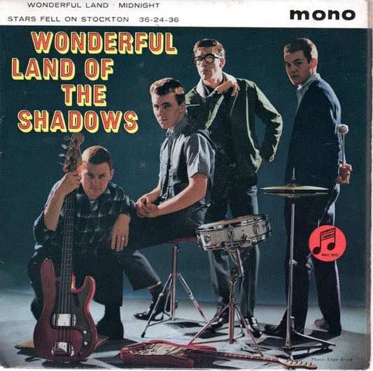 Image of Front Cover of 2914395C: 7" - THE SHADOWS, Wonderful Land Of The Shadows (Columbia Blue/Black; SEG 8171, UK 1962, Laminated Flipback Sleeve, Repress. Release Dates On Both Labels) Date stamped and track times written on rear of sleeve.  VG/VG+