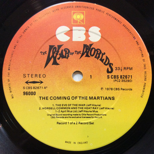 Image of Label Cover of 2xLP - VG/VG+ - JEFF WAYNE, Jeff Wayne's Musical Version Of The War Of The Worlds (CBS Orange/Yellow No Track Durations, No Label Code; 96000, UK 1978, Gatefold, Booklet), ,  - 3916144C