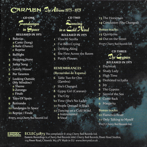 Image of Back Cover of 2934097E: 3xCD - CARMEN, The Albums 1973-1975 (Esoteric Recordings; ECLEC32873, UK , Box Set, Booklet)   VG+/EX