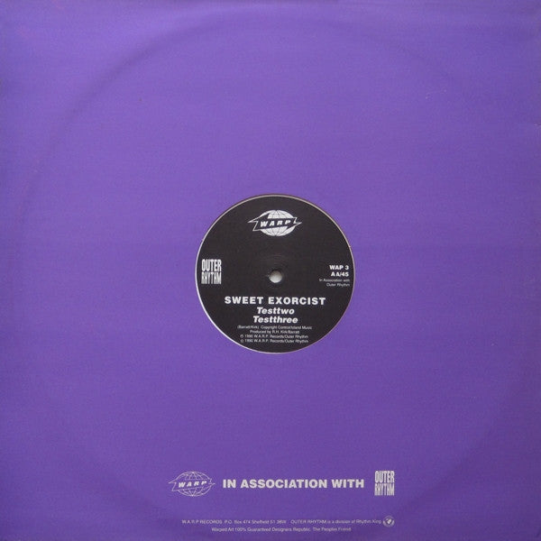 Image of Back Cover of 12" - VG/VG - SWEET EXORCIST, Testone (Warp; WAP3, UK 1990, Stickered Company Sleeve), strong VG - light storage marks. original warp purple sleeve - light wear (no sticker),  - 4246205S