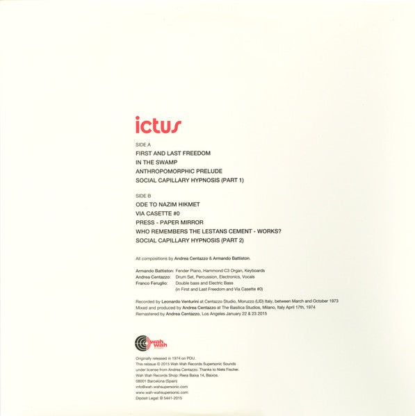 Image of Back Cover of 3014107C: LP - ANDREA CENTAZZO, Ictus (Wah Wah Records; LPS146, Spain 2015 Reissue, Laminated Gatefold Sleeve, Insert, Limited Edition of 500)   VG+/VG