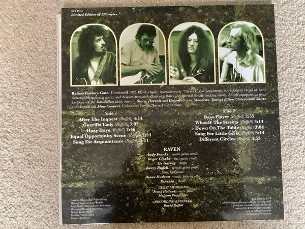 Image of Back Cover of 3024045E: LP - RAVEN, Traitors Gate (Bright Carvings; BCLP005, UK 2024, Inner & Insert, Unreleased 1973 LP. With press release)   VG+/VG+