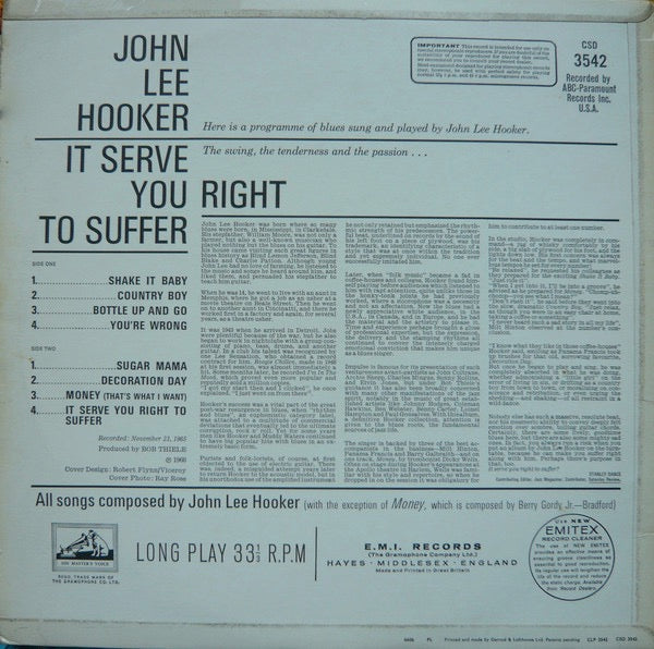 Image of Back Cover of 3014059C: LP - JOHN LEE HOOKER, It Serve You Right To Suffer (His Master's Voice ; CSD 3542, UK 1966, Laminated Flipback Sleeve) Light creasing to laminate sleeve and some grubby marks. Vinyl has lots of light marks but plays well with light surface noise.  VG/G+