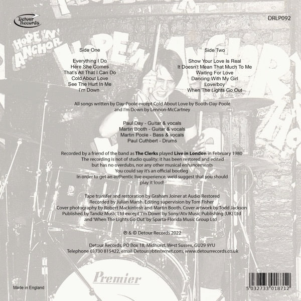 Image of Back Cover of 3014023C: LP - THE CLERKS, Live In London (Detour Records; DRLP092, UK 2022)   VG+/VG