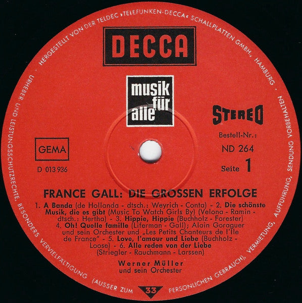 Image of Label Cover of 3024048E: LP - FRANCE GALL, Die Grossen Erfolge (Decca; ND 264, Germany 1969)   VG/VG+