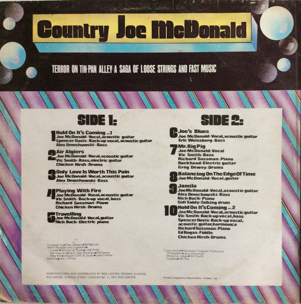 Image of Back Cover of 3044070S: LP - COUNTRY JOE MCDONALD, Hold On, It's Coming (Vanguard; VSD 79314, UK 1971) Writing on back of sleeve  VG/VG+