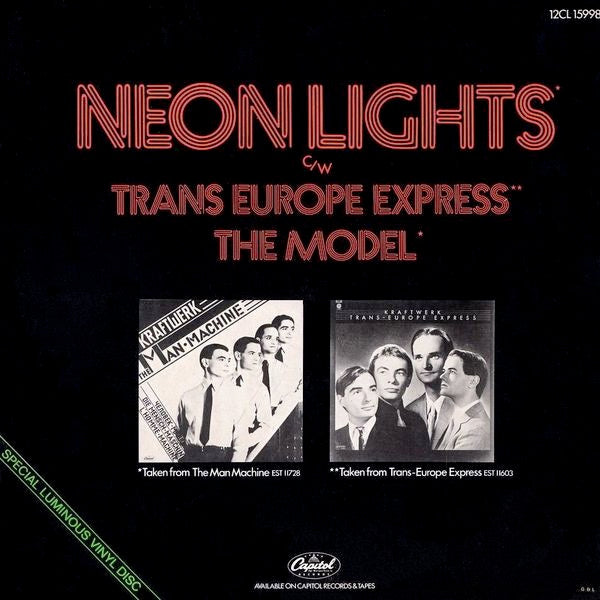 Image of Back Cover of 5024338E: 12" - KRAFTWERK, Neon Lights / Trans Europe Express / The Model (EMI; 12CL15998, UK 1978, Picture Sleeve, Luminous Vinyl.)   VG/VG