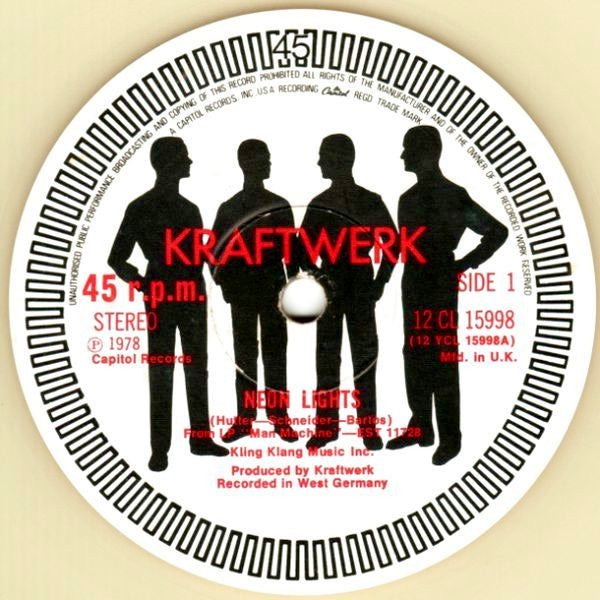 Image of Label Cover of 5024338E: 12" - KRAFTWERK, Neon Lights / Trans Europe Express / The Model (EMI; 12CL15998, UK 1978, Picture Sleeve, Luminous Vinyl.)   VG/VG