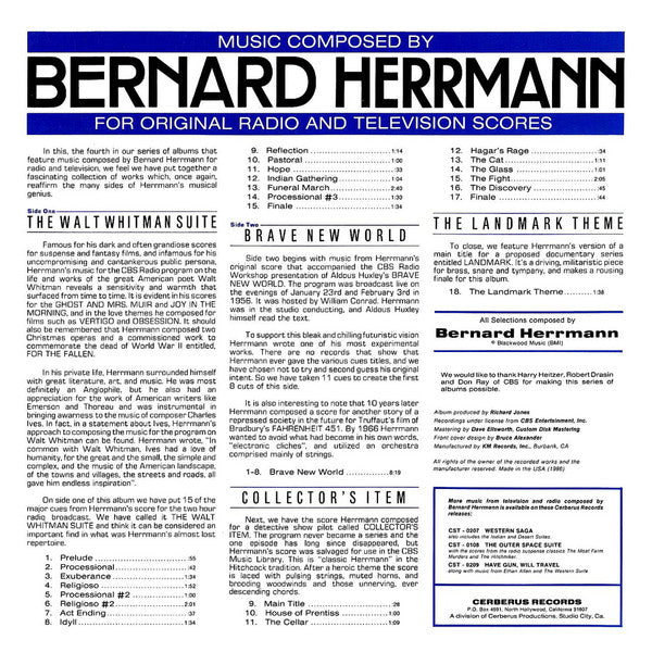 Image of Back Cover of 2924190E: LP - BERNARD HERRMANN, Music For Radio And Television (Cerberus Records; CST-0210, US 1986, Textured Sleeve)   VG+/VG+