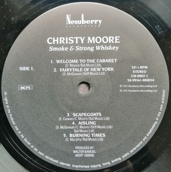 Image of Label Cover of LP - VG/VG+ - CHRISTY MOORE, Smoke & Strong Whiskey (Newberry Recording; CM0002-1, UK 1991, Inner), ,  - 2726367E
