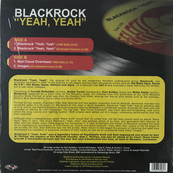 Image of Back Cover of 3024103E: 12" - BLACKROCK, "Yeah, Yeah" (Select-O-Hits; S.O.H. 006, US 2018 Reissue, Picture Sleeve, Limited to 1000 Copies. Record Store Day 2018 exclusive release.) Still In Stickered Shrinkwrap  EX/VG+