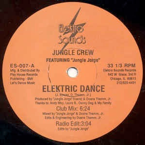 Image of Front Cover of 12" - VG/G+ - JUNGLE CREW, Elektric Dance (Elektro Sounds; ES-007, US 1989), Disc noticably dished, plays fine but is visiually noticable, light marks otherwise. In plain shrink wrapped sleeve.,  - 2916020C