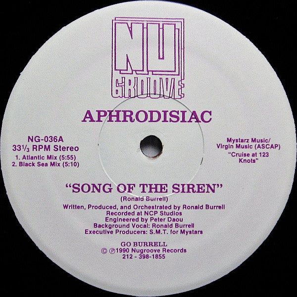 Image of Front Cover of 4844419S: 12" - APHRODISIAC, Song Of The Siren (Nu Groove; NG-036, US 1990, Plain Sleeve)   /VG+