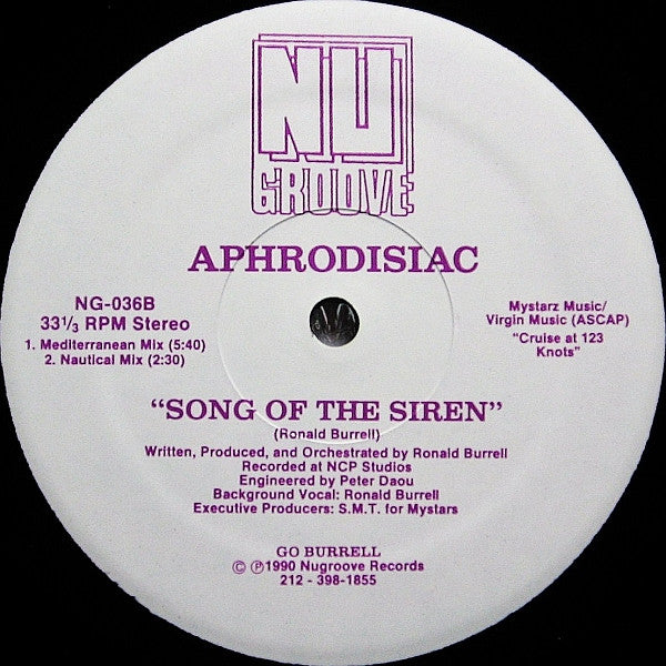 Image of Back Cover of 4844419S: 12" - APHRODISIAC, Song Of The Siren (Nu Groove; NG-036, US 1990, Plain Sleeve)   /VG+