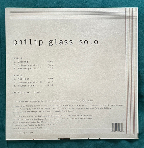 Image of Back Cover of 3044336S: LP - PHILIP GLASS, Philip Glass Solo (Orange Mountain Music; 8008, US 2024)   VG+/VG+