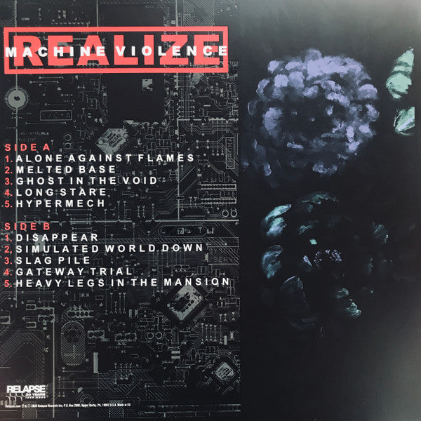 Image of Back Cover of 3024382E: LP - REALIZE, Machine Violence (Relapse Records; RR7469, US 2020, UV Spot Laque, Insert, Violet Neon w/ Neon Green, Cyan Blue and Blood Red Splatter)   VG+/VG+