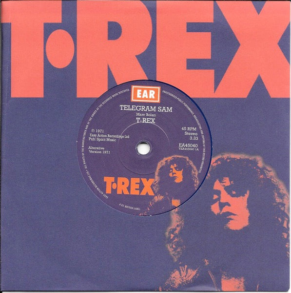 Image of Front Cover of 3114013C: 7" - T. REX, Telegram Sam / Baby Strange (Easy Action; EA45040, UK & US 2019 Reissue, Limited Edition, Remastered, Stereo, Blue Translucent)   VG+/VG+