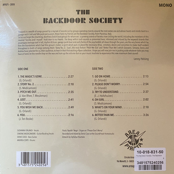 Image of Back Cover of 3124020E: LP - THE BACKDOOR SOCIETY, The Backdoor Society (Area Pirata; AP071, Italy 2019) Some light hairlines on vinyl.  VG+/VG