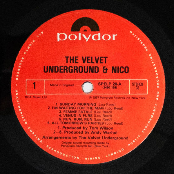 Image of Label Cover of LP - VG+/VG+ - THE VELVET UNDERGROUND & NICO, The Velvet Underground & Nico (Polydor Red Label; SPELP 20, UK 1980s Reissue, This version only: Rim text starts on left of label.), ,  - 4026189E