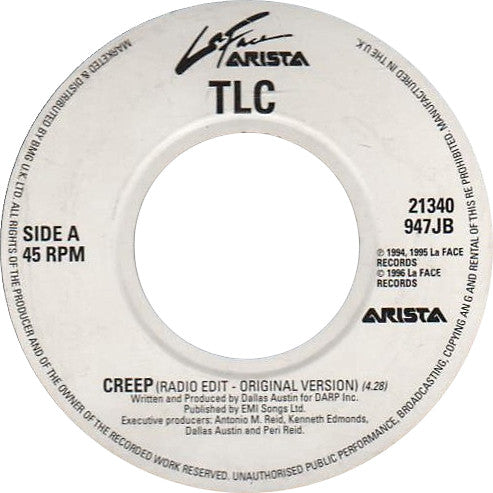 Image of Front Cover of 3154026S: 7" - TLC, Creep/ Waterfalls (LaFace Records; 21340 947JB, UK 1996, Plain Sleeve) Some light marks. Tape residue on label (both sides).  /VG