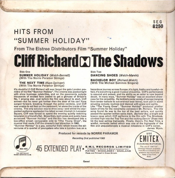 Image of Back Cover of 3114110C: 7" - CLIFF RICHARD AND THE SHADOWS, Summer Holiday (Columbia; SEG 8250, UK 1963, Laminated Flipback Sleeve, Mono) Strong VG, date stamp on rear of sleeve.  VG/VG