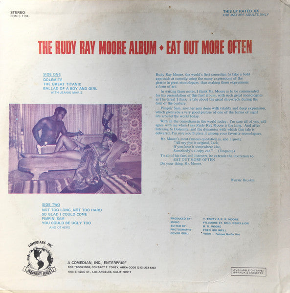 Image of Back Cover of 3124160E: 12" - RUDY RAY MOORE, Eat Out More Often (Comedians Inc. ; COMS 1104, US , Picture Sleeve, Company Inner, Limited Edition. Stereo.) Sleeve spine torn. Plays well with one nasty cut on one side.  G/G+