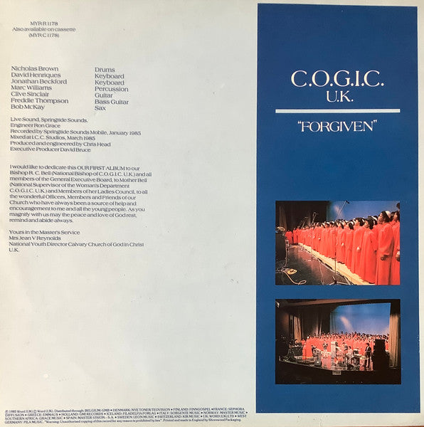 Image of Back Cover of 3124156E: LP - C.O.G.I.C. CHOIR, Forgiven (Myrrh; MYRR 1178, UK 1985, Picture Sleeve, Stereo)   VG+/EX