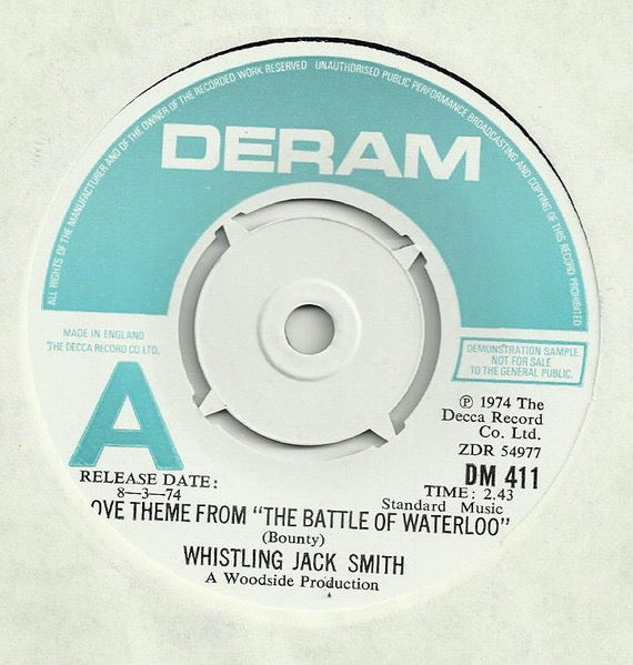 Image of Front Cover of 3114202C: 7" - WHISTLING JACK SMITH, Love Theme From "The Batte Of Waterloo" (Deram; DM 411, UK 1974, Promo, Company Sleeve) Name written on sleeve.  VG/VG