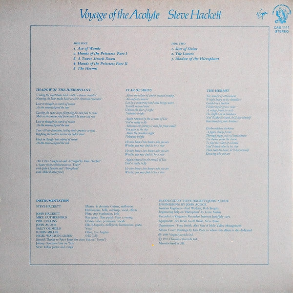 Image of Back Cover of 3144099S: LP - STEVE HACKETT, Voyage Of The Acolyte (Charisma; CAS 1111, UK 1984 Reissue) Ring wear  VG/VG+