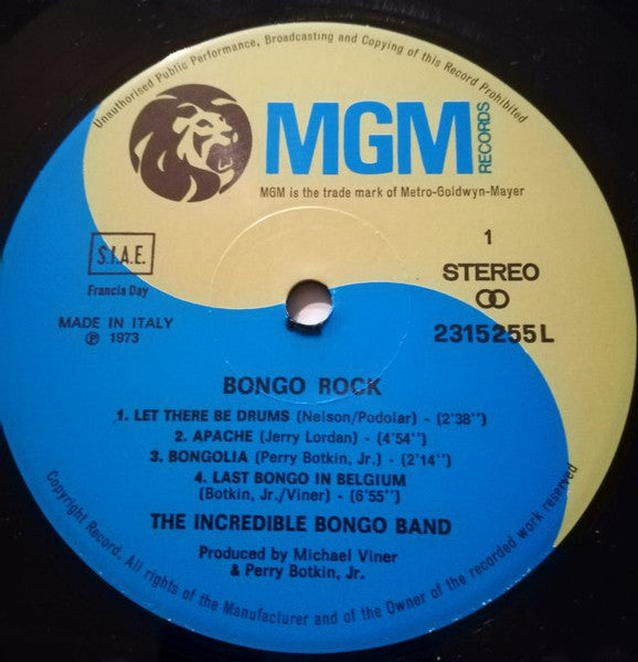 Image of Back Cover of 3124237E: LP - MICHAEL VINER'S INCREDIBLE BONGO BAND, Bongo Rock (MGM Records; 2315255L, Italy 1973, Picture Sleeve) Sleeve missing. Strong VG.  /VG