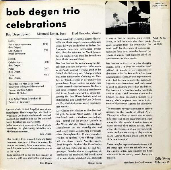 Image of Back Cover of 3124322E: LP - BOB DEGEN TRIO, Celebrations (Calig; CAL 30 602, Germany 1968, Laminated Sleeve) Strong VG++  VG/VG+