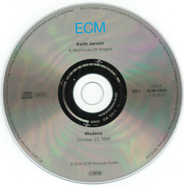 Image of Label of 3134065E: 4xCD - KEITH JARRETT, A Multitude Of Angels (ECM Records; ECM 2500 03, Germany 2016, Box Set, Booklet & Inner) box has wear to edges and some discoloration from storage and written '1996' in permanent marker on the spine  VG/VG+