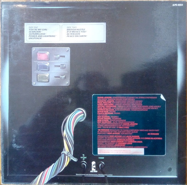 Image of Back Cover of 3114387C: LP - HI-TENSION, Hi-Tension (Island Records; ILPS 9564, UK 1978, Laminated Sleeve, Inner, Poster) Hype sticker on sleeve faded / worn. Sleeve itself has some wear and scuffs, with dirt along front opening where laminate ends. Inner has edge wear and poster has a corner ripped off. Comes with T-shirt offer flyer  VG/VG