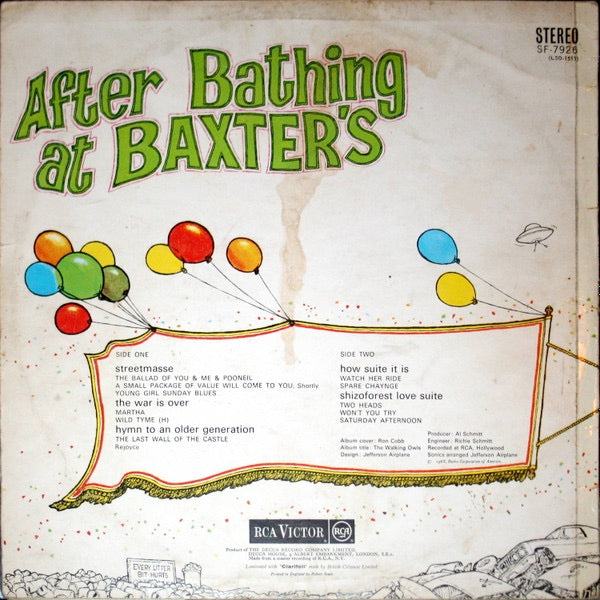 Image of Back Cover of 3114424C: LP - JEFFERSON AIRPLANE, After Bathing At Baxter's (RCA Victor; SF 7926, UK 1969 Reissue, Laminated Front Sleeve, Stereo)   VG/VG