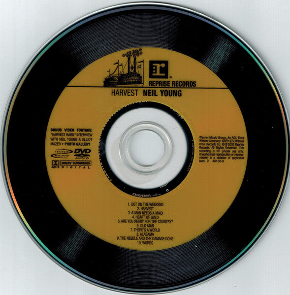 Image of Label of 3134114E: DVD - NEIL YOUNG, Harvest (Reprise Records; 9 48100-9, US , Digipak, Insert, DVD-Audio, Multichannel, Album, Reissue, Repress) disc has some light marks, does not affect play. digipak sleeve has some wear to edges due to storage  VG+/VG+