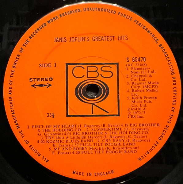 Image of Label Cover of LP - VG/VG+ - JANIS JOPLIN, Janis Joplin's Greatest Hits (CBS Orange (33 1/3 On Label); S 65470 (KC 32168), UK 1973), Date written on sleeve rear and labels. With bonus magazine snippets,  - 3926411E